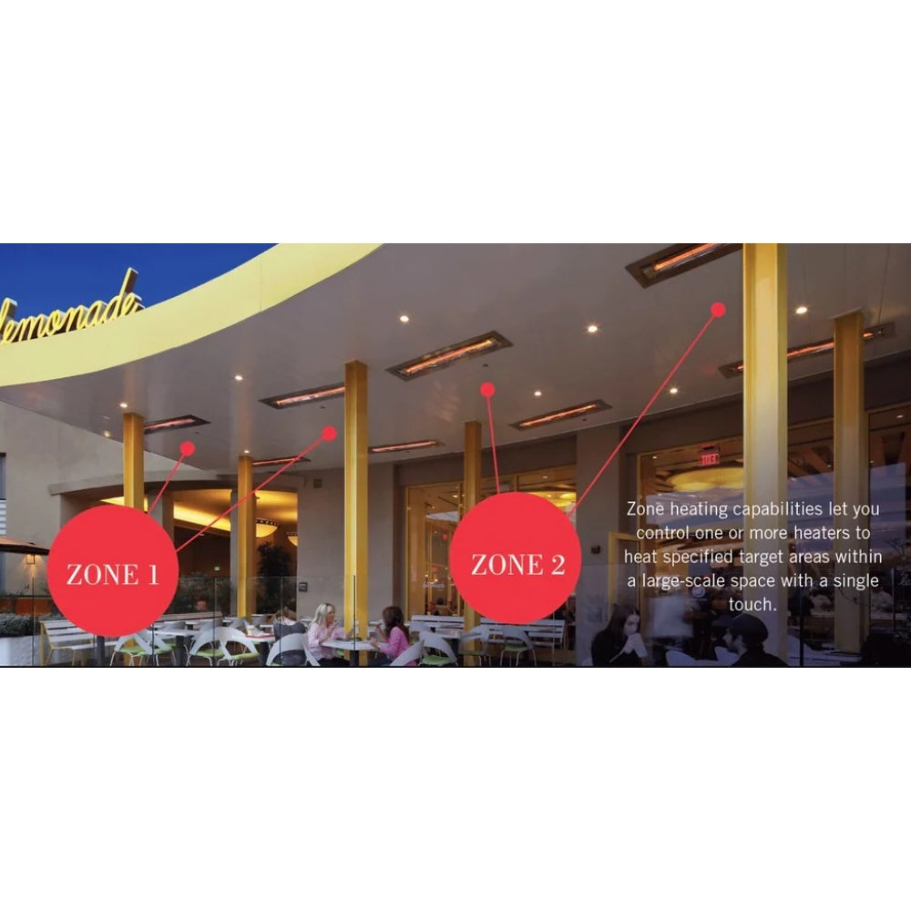Restaurant interior with overhead heating zones shown as red dot indicators