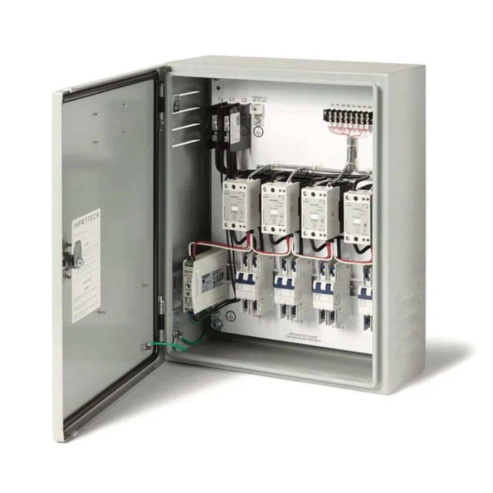 Infratech relay panel enclosure with open wiring board, relays, and terminal blocks