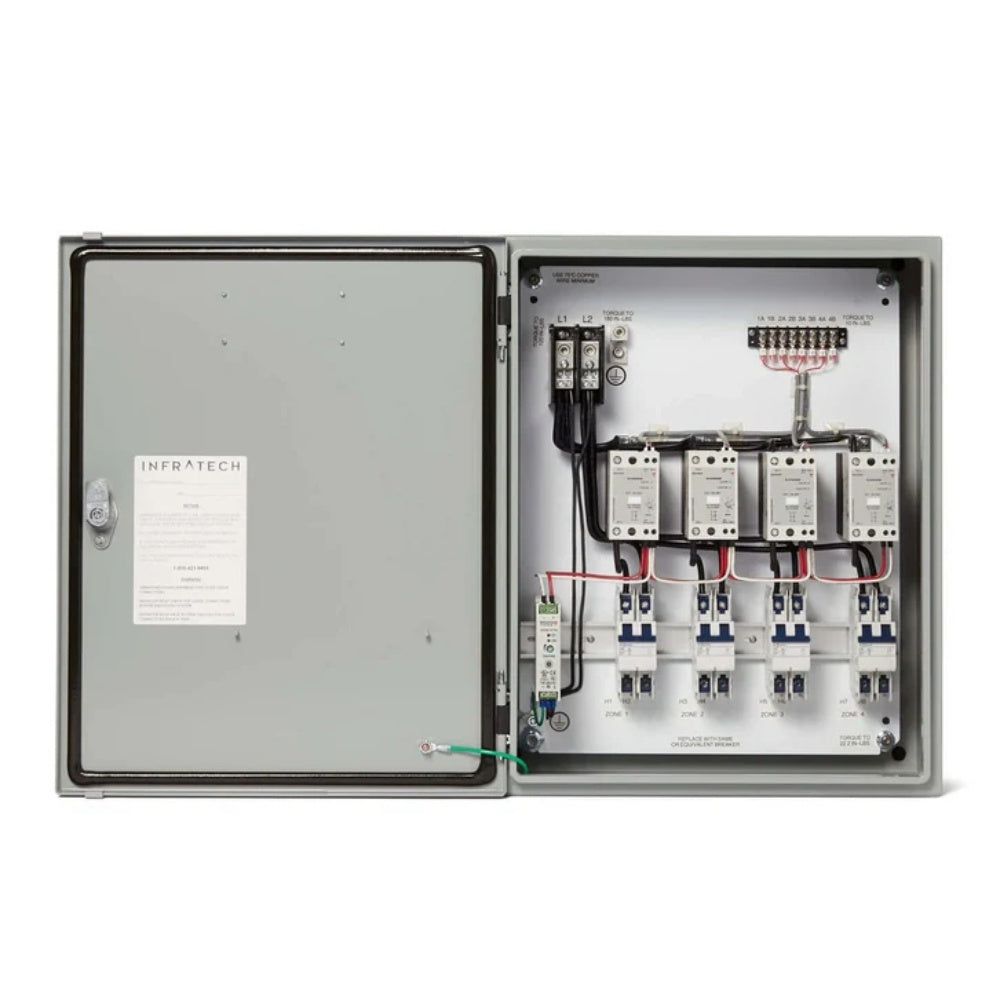 Infratech relay panel enclosure with open door showing relays, wiring, and terminals