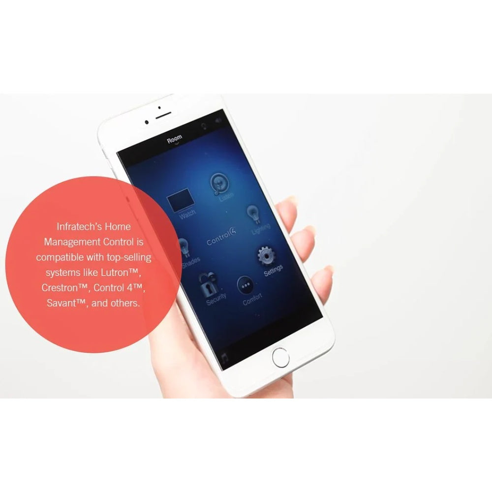 Smartphone app controlling Infratech home relay panel, blue control screen with icons