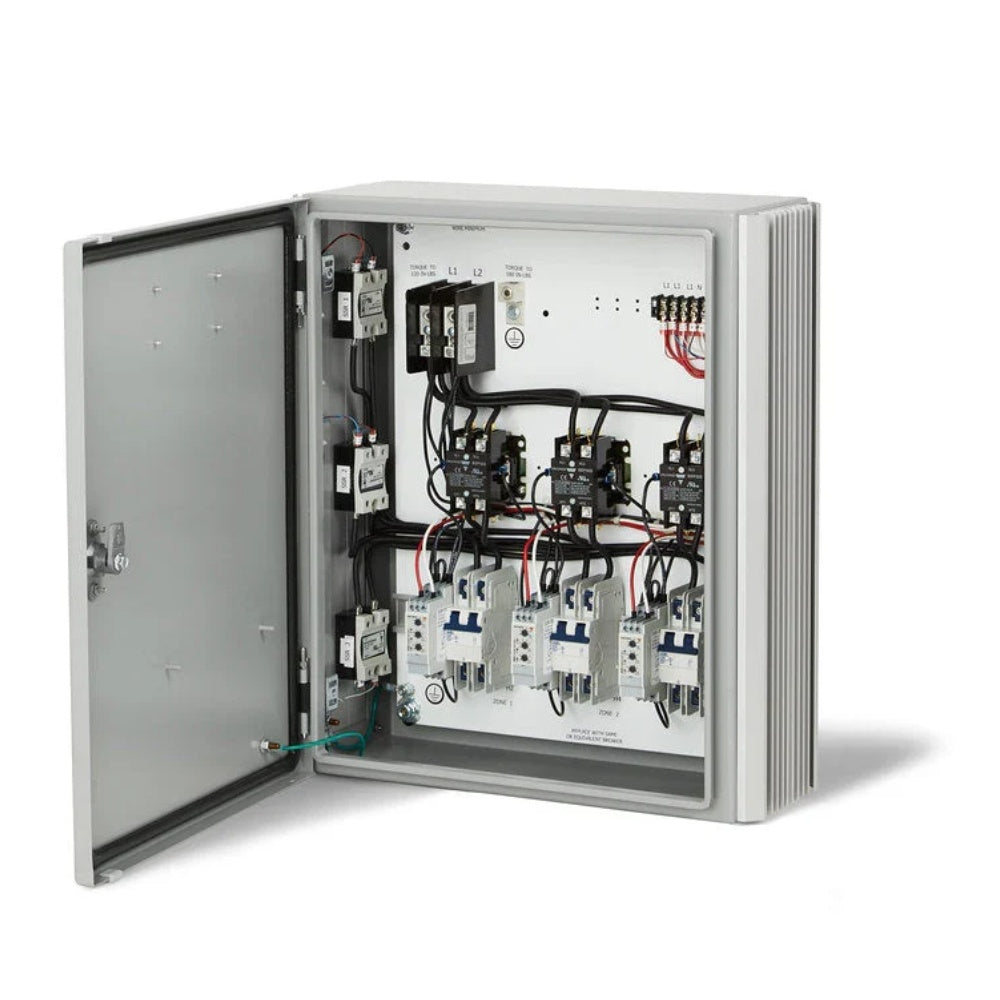 Open control panel enclosure with exposed circuit boards and terminal blocks