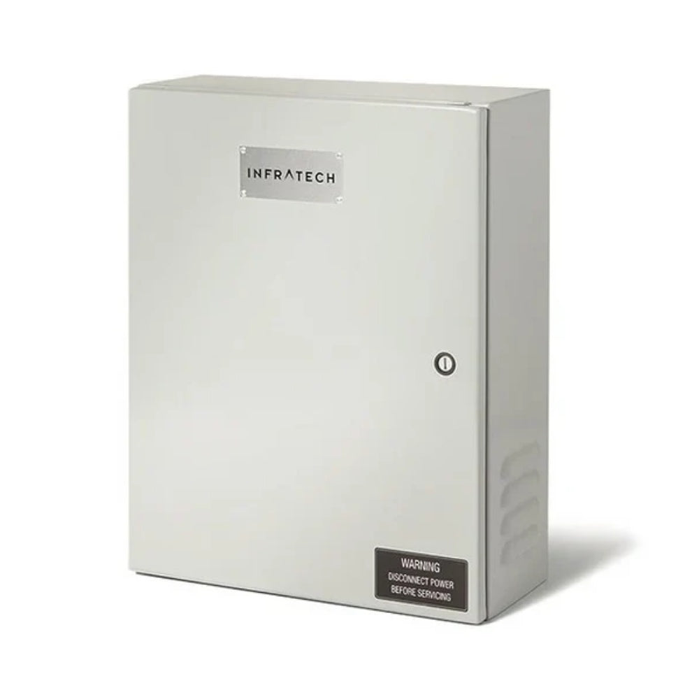 Gray metal control box with power symbol and warning label on lower corner
