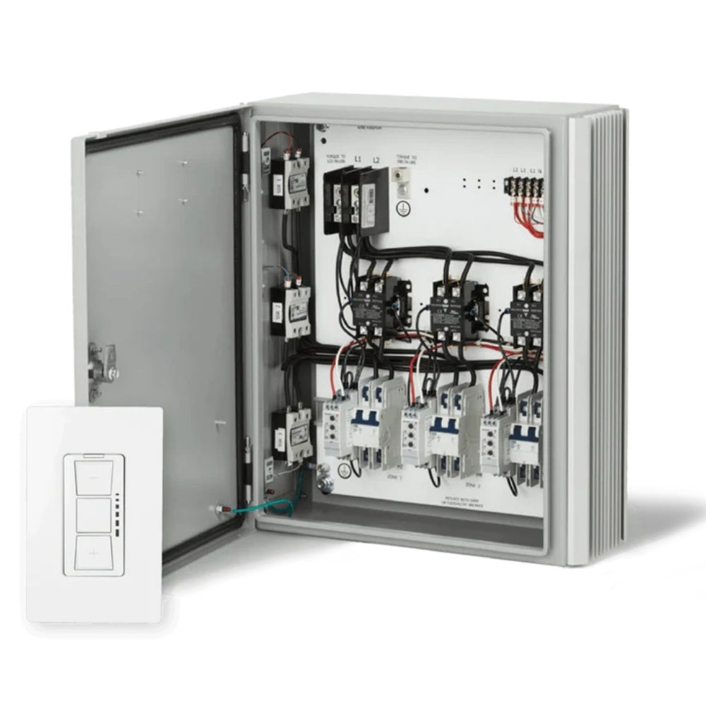 Open wiring enclosure with relays and breaker switches inside control panel
