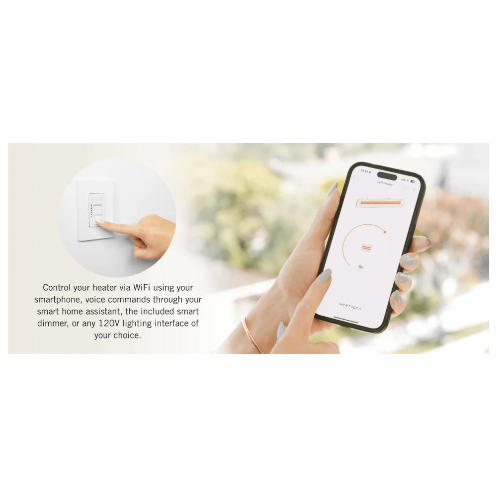 Smart dimmer control infographic showing phone app control of a wall switch