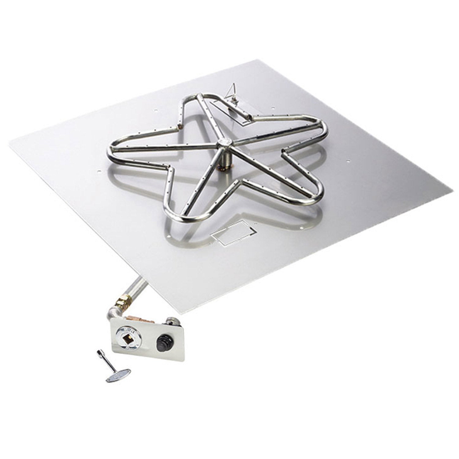 Unassembled gas fire pit burner kit with penta star burner and push-button control valve
