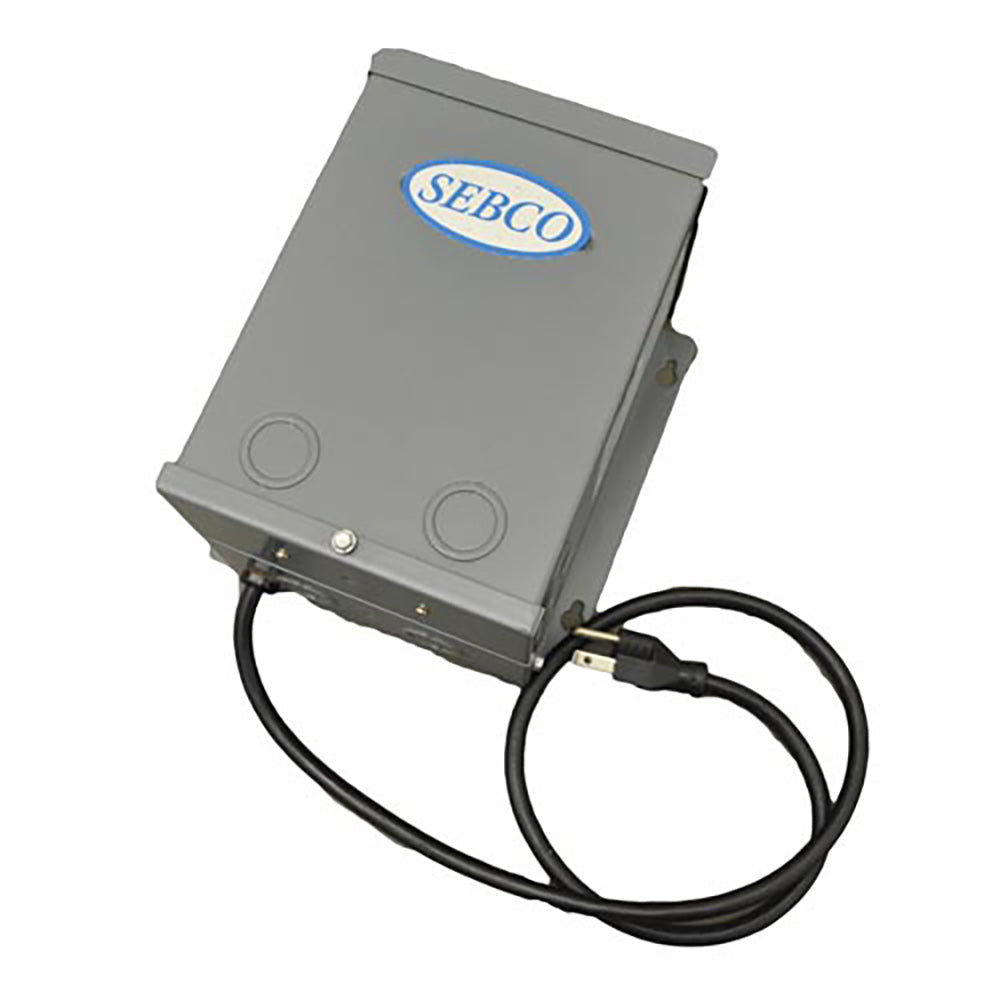 Gray 24 VAC power supply enclosure with SEBCO logo and attached black cables
