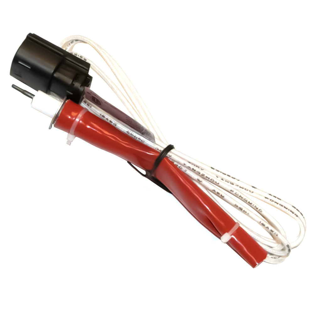 Hot surface igniter with red ceramic body, black connector, and white wire leads