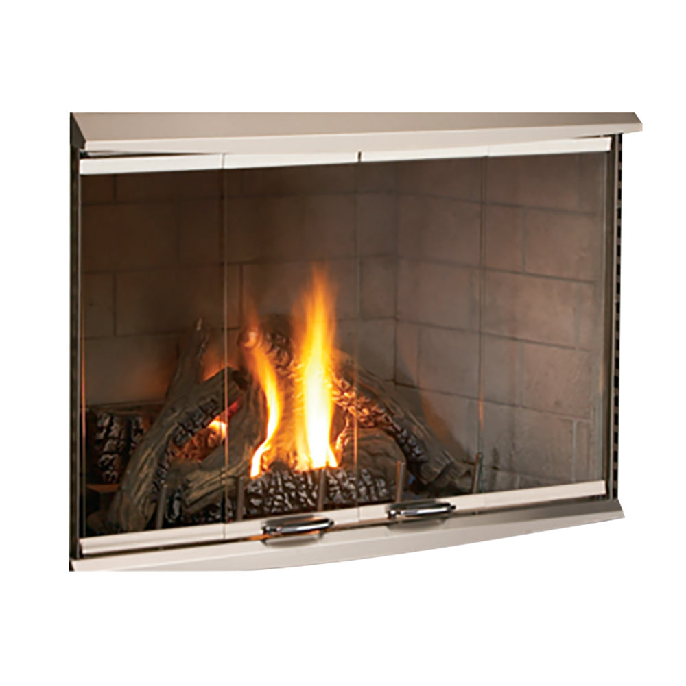 Stainless bi-fold glass fireplace door with metal frame and handles