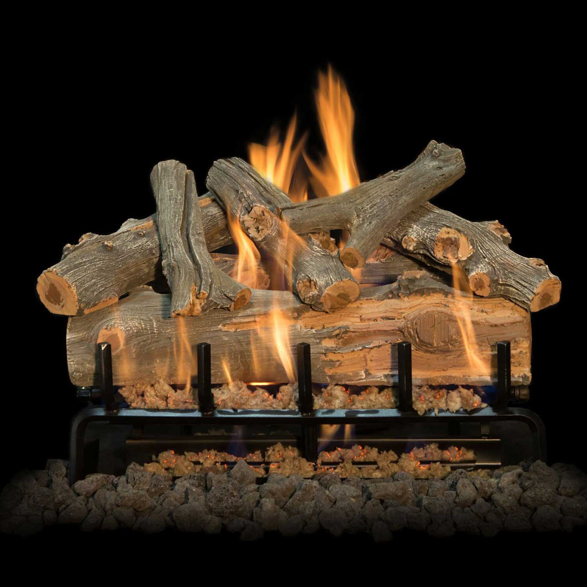 Vented gas log set with split gray logs, burner grate, and glowing orange flames