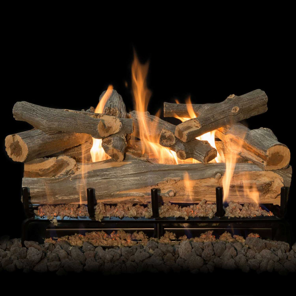 Vented gas log set with gray log arrangement, burner rack, and flickering orange flames