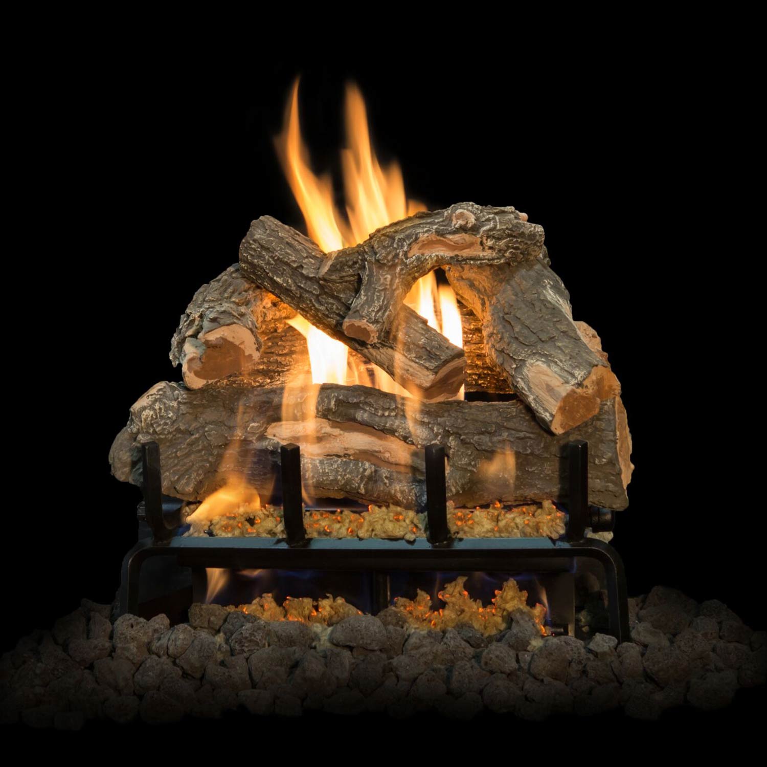 Weathered oak gas log set with centered flames and burner grate