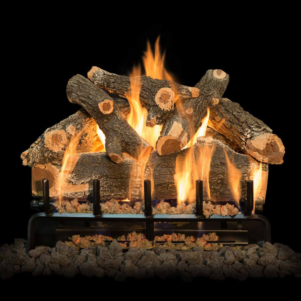 Weathered oak gas log set with flames, charred logs, and vented burner grate
