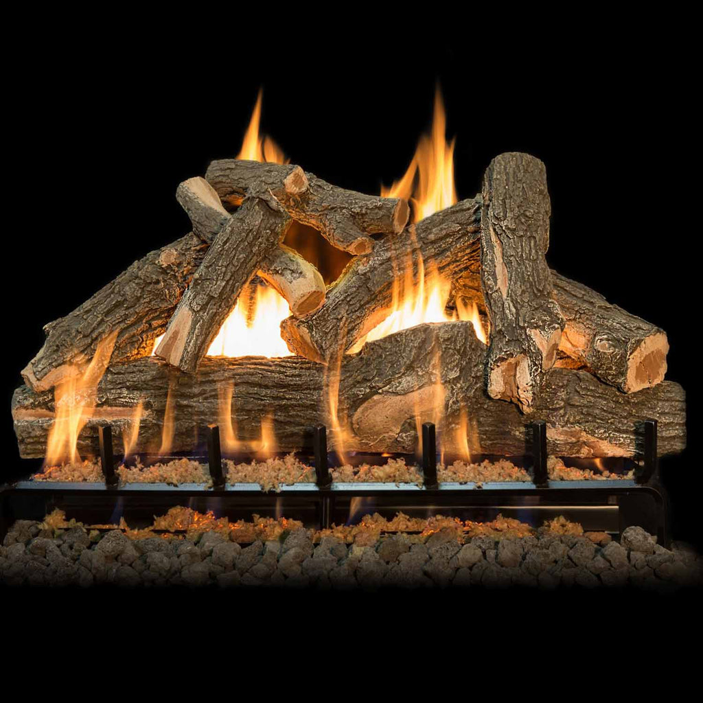 Gas log set with weathered oak logs, double-sided vented design, stainless burner flames