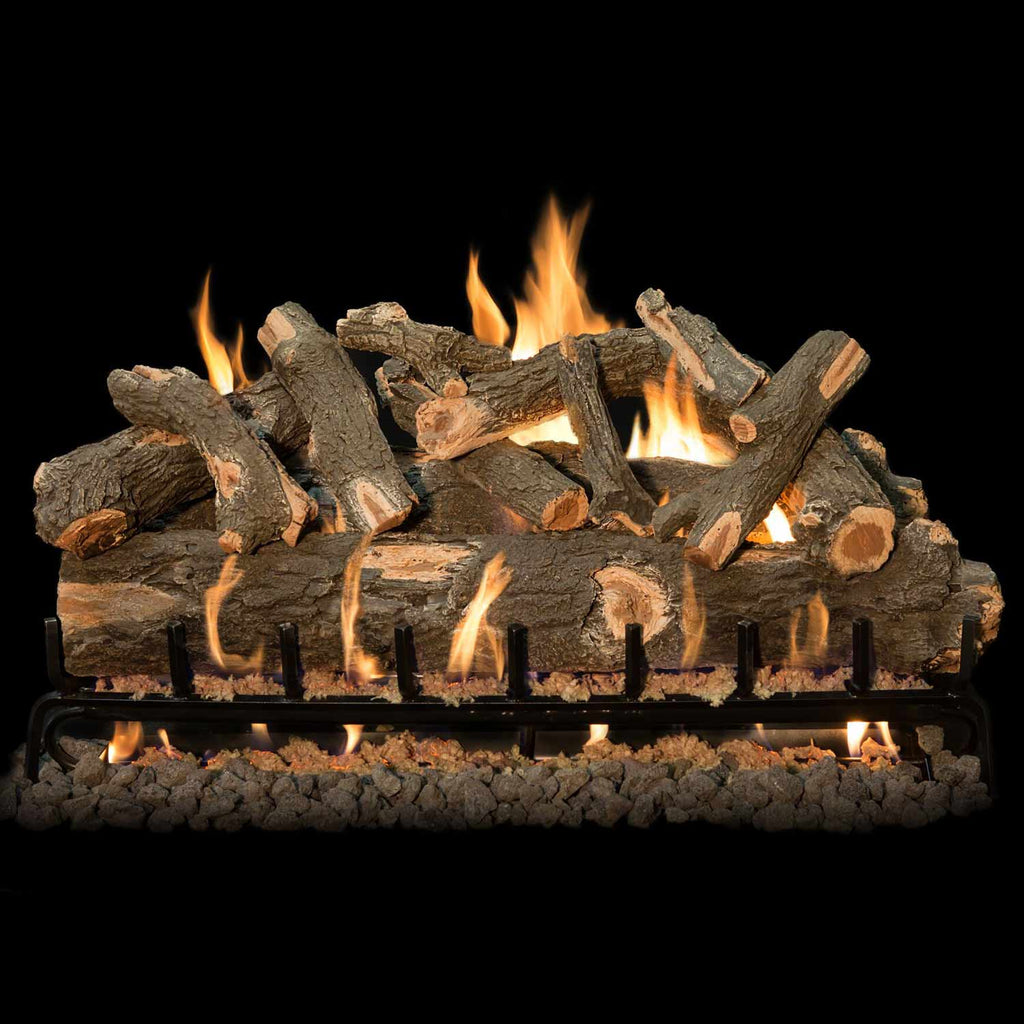 Weathered oak gas log set with multiple flames, weathered logs, black grate, and lava rocks