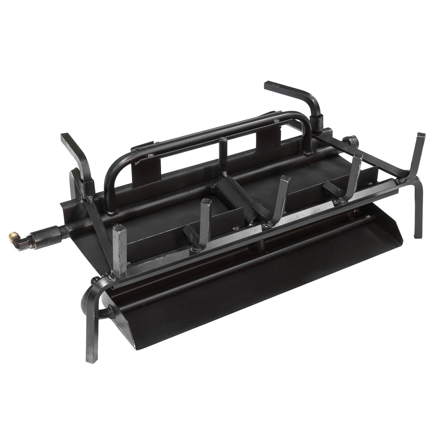 Three-burner gas fireplace burner system with black metal manifold and stands