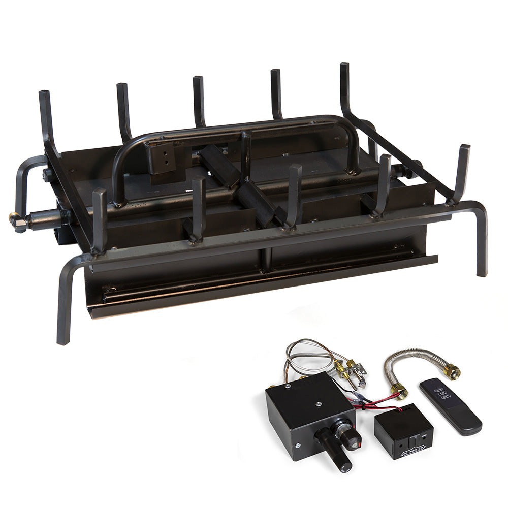Outdoor gas grill burner system with remote control modules and black burner frame