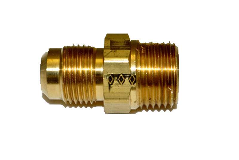 Brass male connector fitting with threaded ends and hex center, 1/2-inch tube