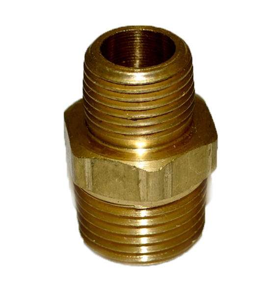 Brass reducing nipple, 1/2-in MIP to 3/8-in MIP, male threaded fitting
