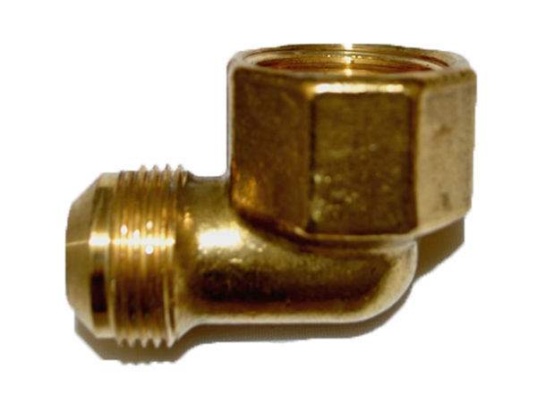 Brass 90-degree elbow pipe fitting with hex body and threaded ends