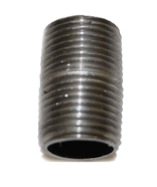 Black iron close nipple with internal threaded ends, dark metal finish