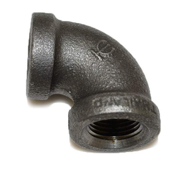 Dark iron 90-degree elbow fitting, 3/8 in FPT, threaded connection