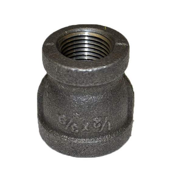 Black iron reducing coupler with female threaded ends, 1/2 in to 3/8 in FPT