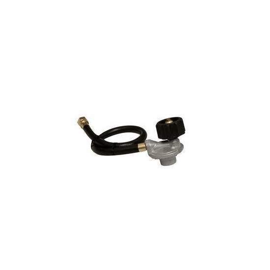Propane tank regulator with 18 in rubber hose and dark valve handle