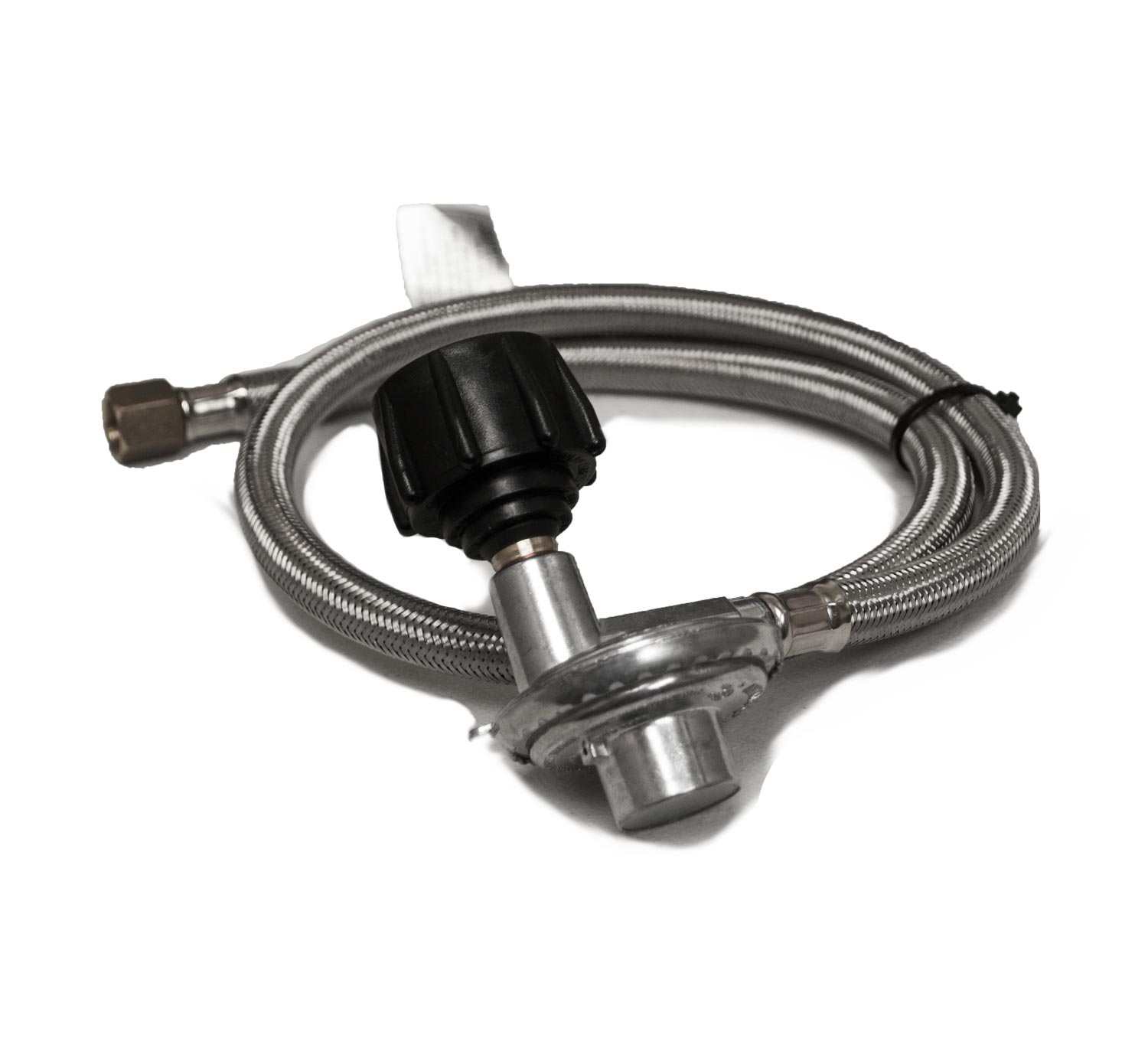 Propane tank regulator with stainless braided hose and black control fitting
