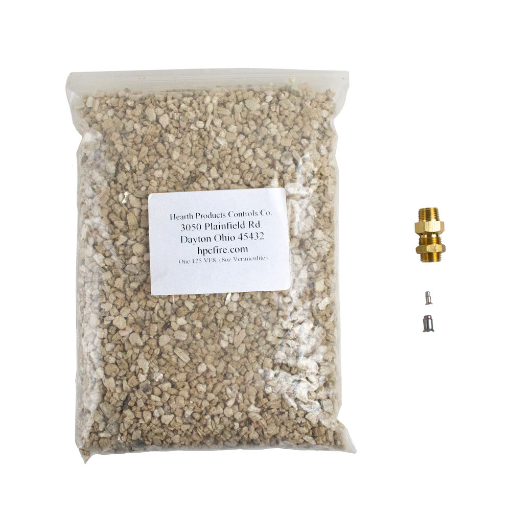 Gas conversion kit components: labeled gravel-filled bag, brass fitting, small screws