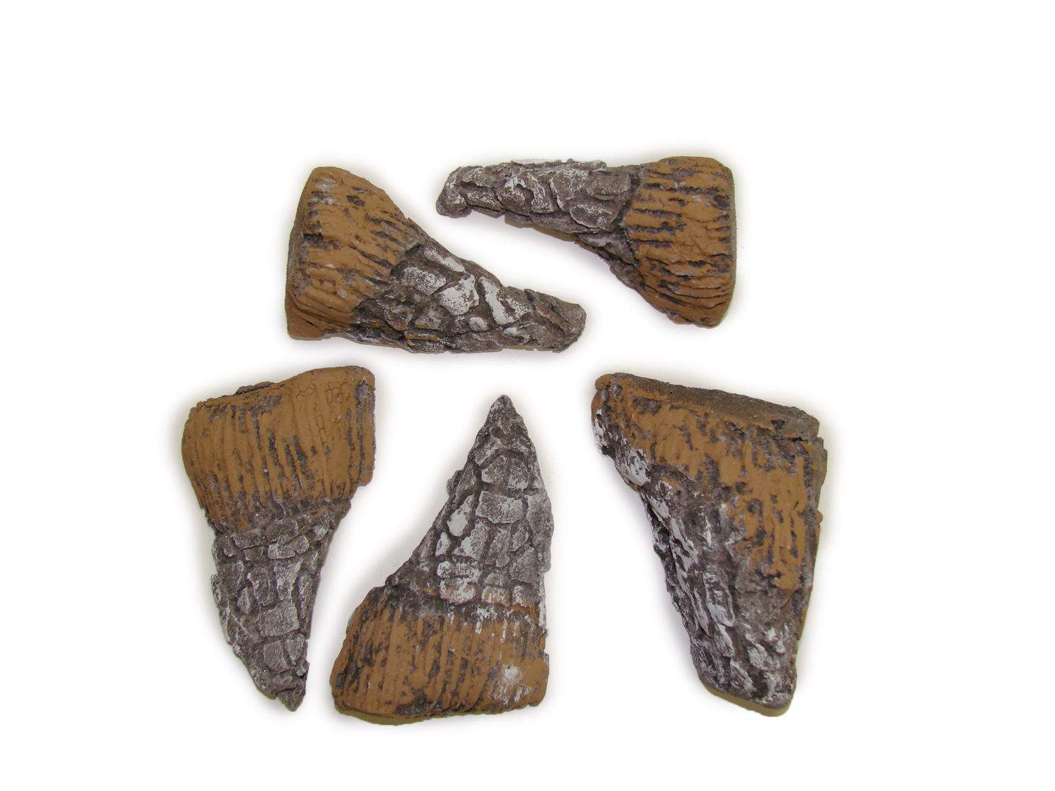 Set of 5 fire ceramic fiber wood bits with irregular dark gray and brown textures