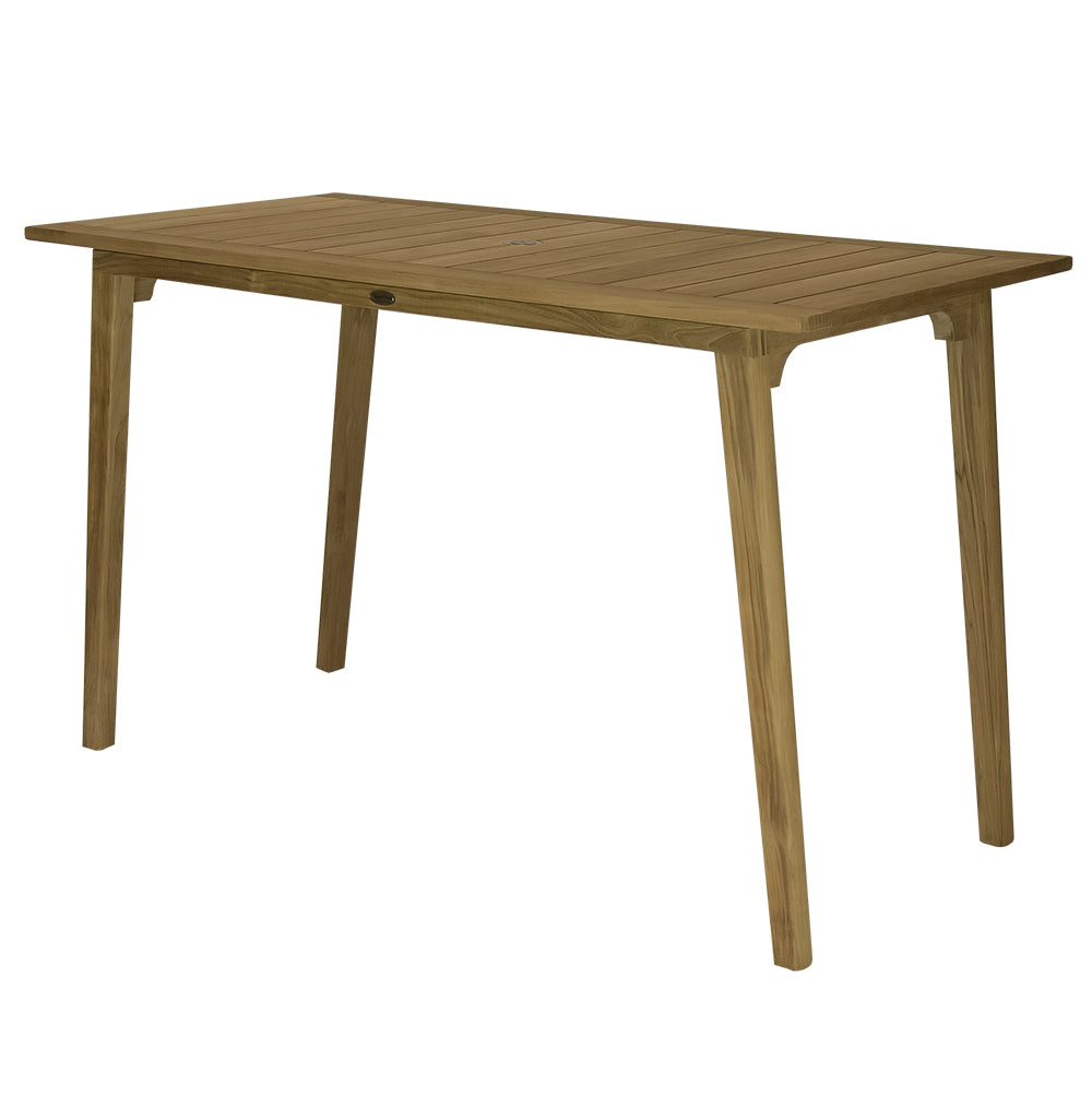 Teak bar table with slatted top and four tapered legs, angled view.