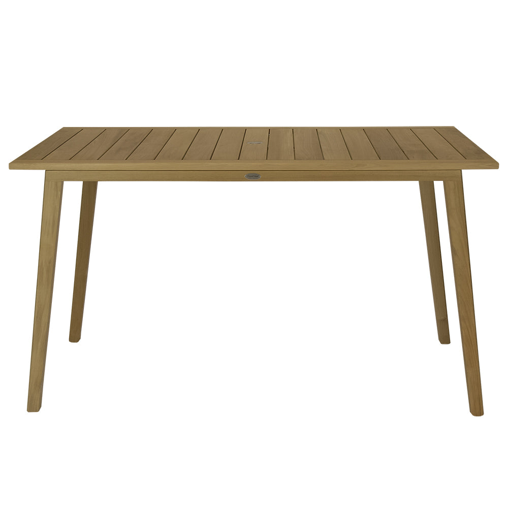 Teak bar table with slatted tabletop and four tapered legs.