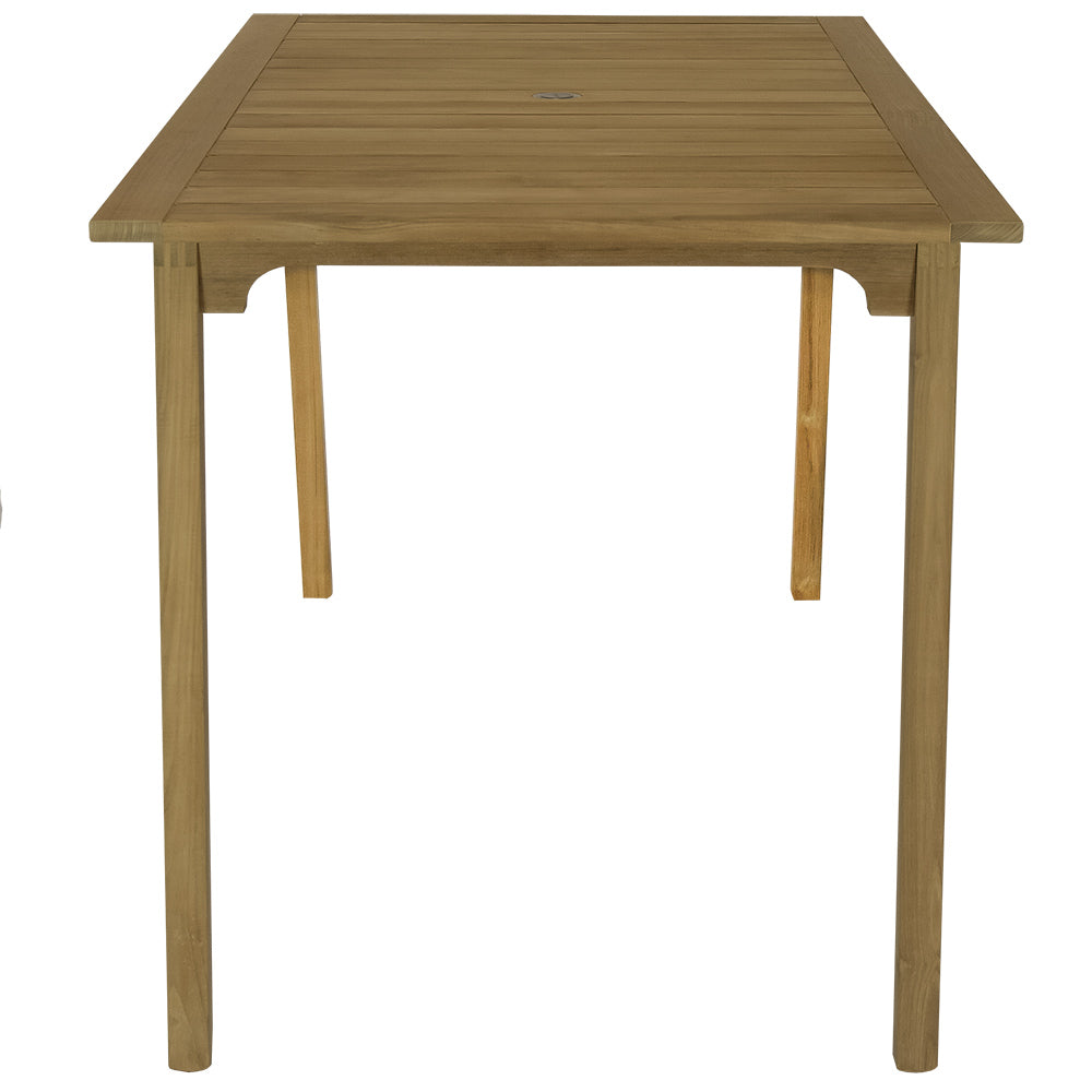 Teak bar table with slatted top, open-frame apron, and tapered legs.