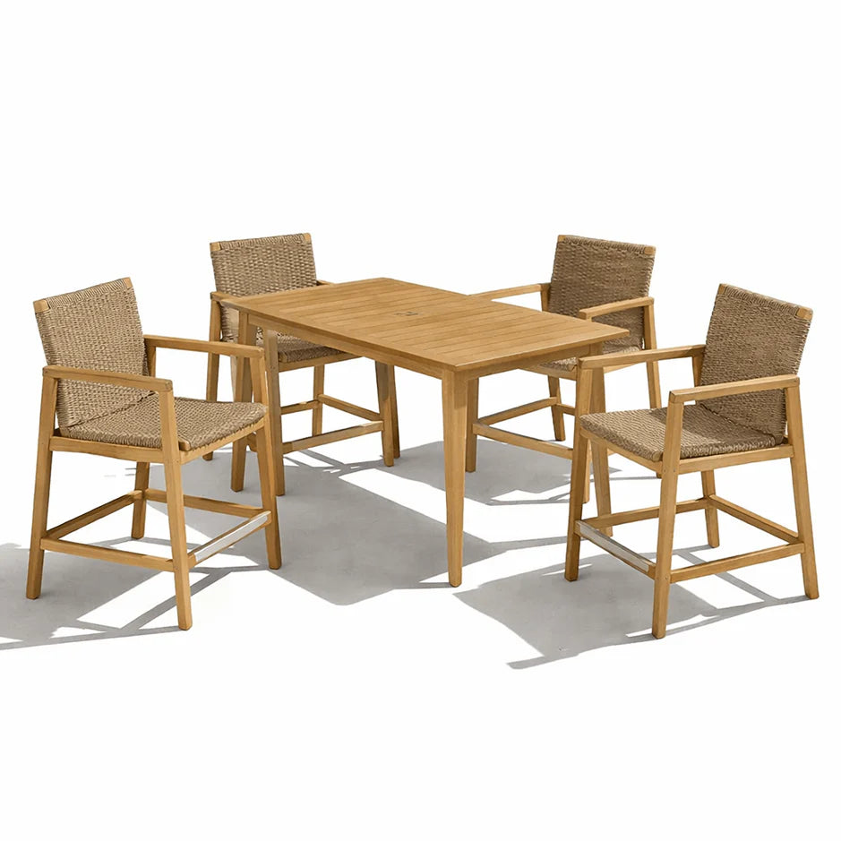 Teak counter-height dining table with 4 woven chairs, tan seats and light wood frames