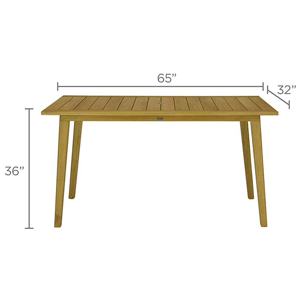Teak counter-height dining table dimensions: 65 in L, 32 in W, 36 in H