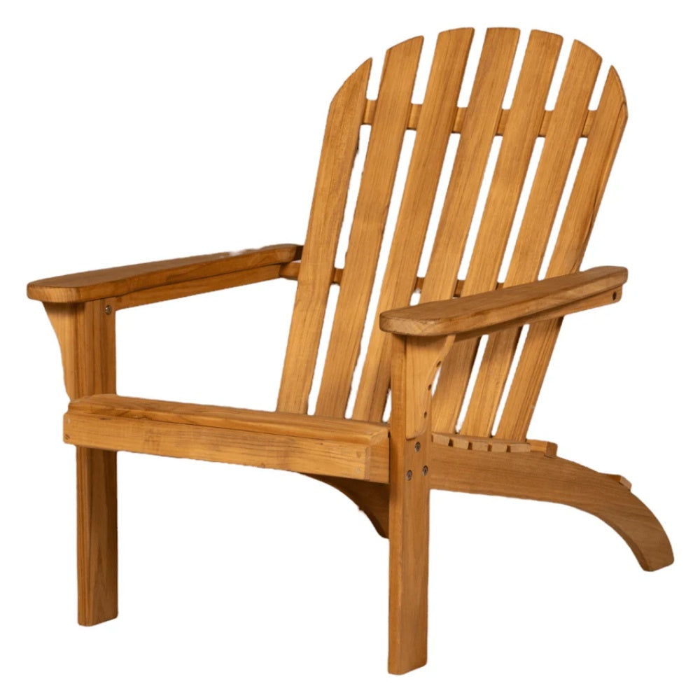 Teak Adirondack chair with slatted backrest and curved armrests