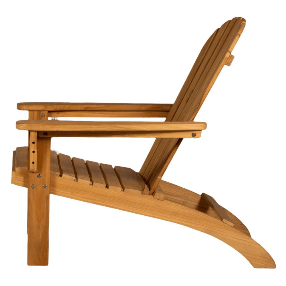 Teak Adirondack chair angled side view with slatted seat and back