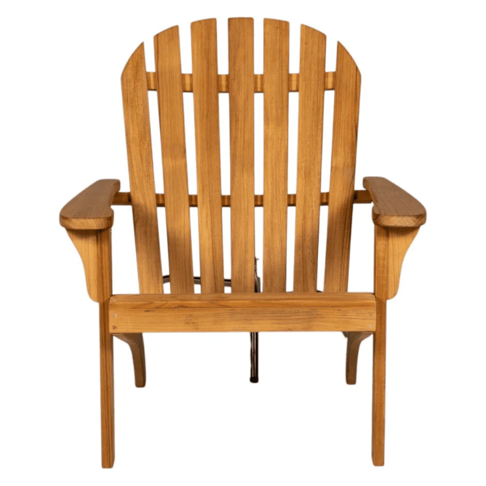 Teak Adirondack chair front view with rounded armrests and slatted back