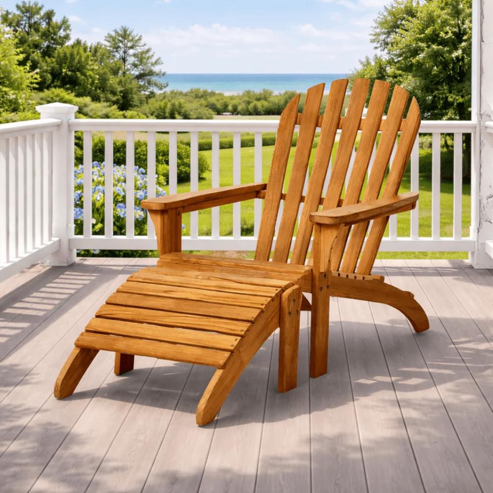 Teak Adirondack chair with slatted back and curved armrests