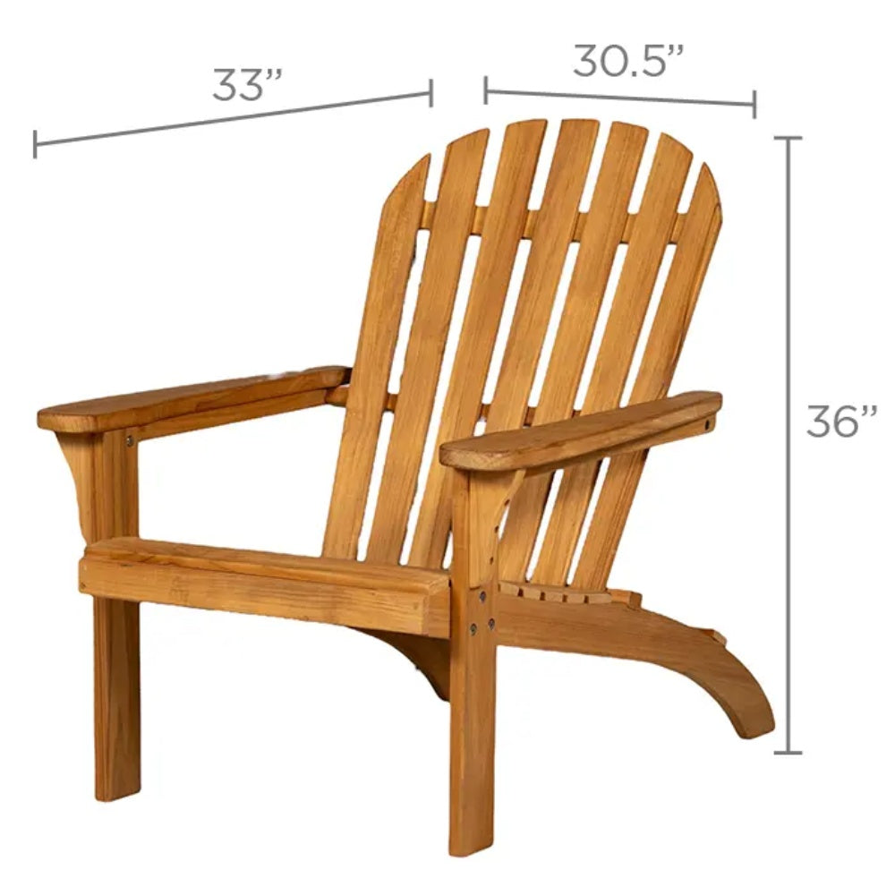 Teak Adirondack chair dimensions diagram with slatted back and armrests
