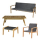 Outdoor seating set with dark cushions: loveseat, arm chair, ottoman, and coffee table