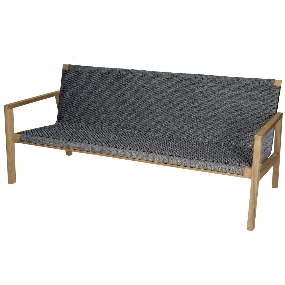 Charcoal outdoor bench with woven cushion and teak frame, front angled view