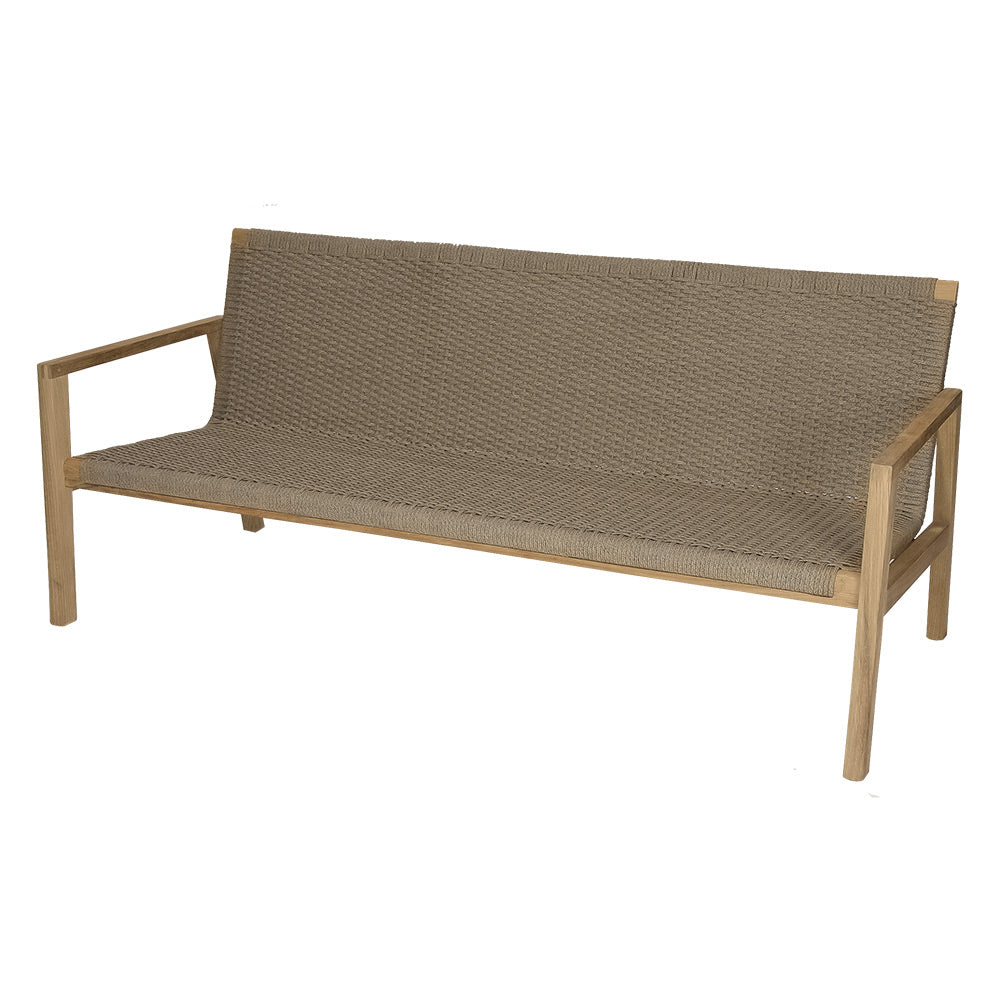 Outdoor bench sofa with beige fabric seat and back cushions, light wood frame