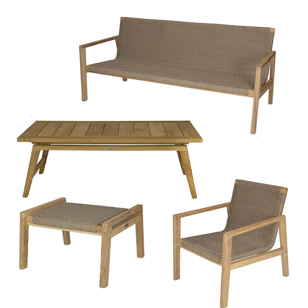 Outdoor furniture set with sand cushion bench, chairs, and rectangular teak table