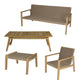 Outdoor furniture set with sand cushion bench, chairs, and rectangular teak table