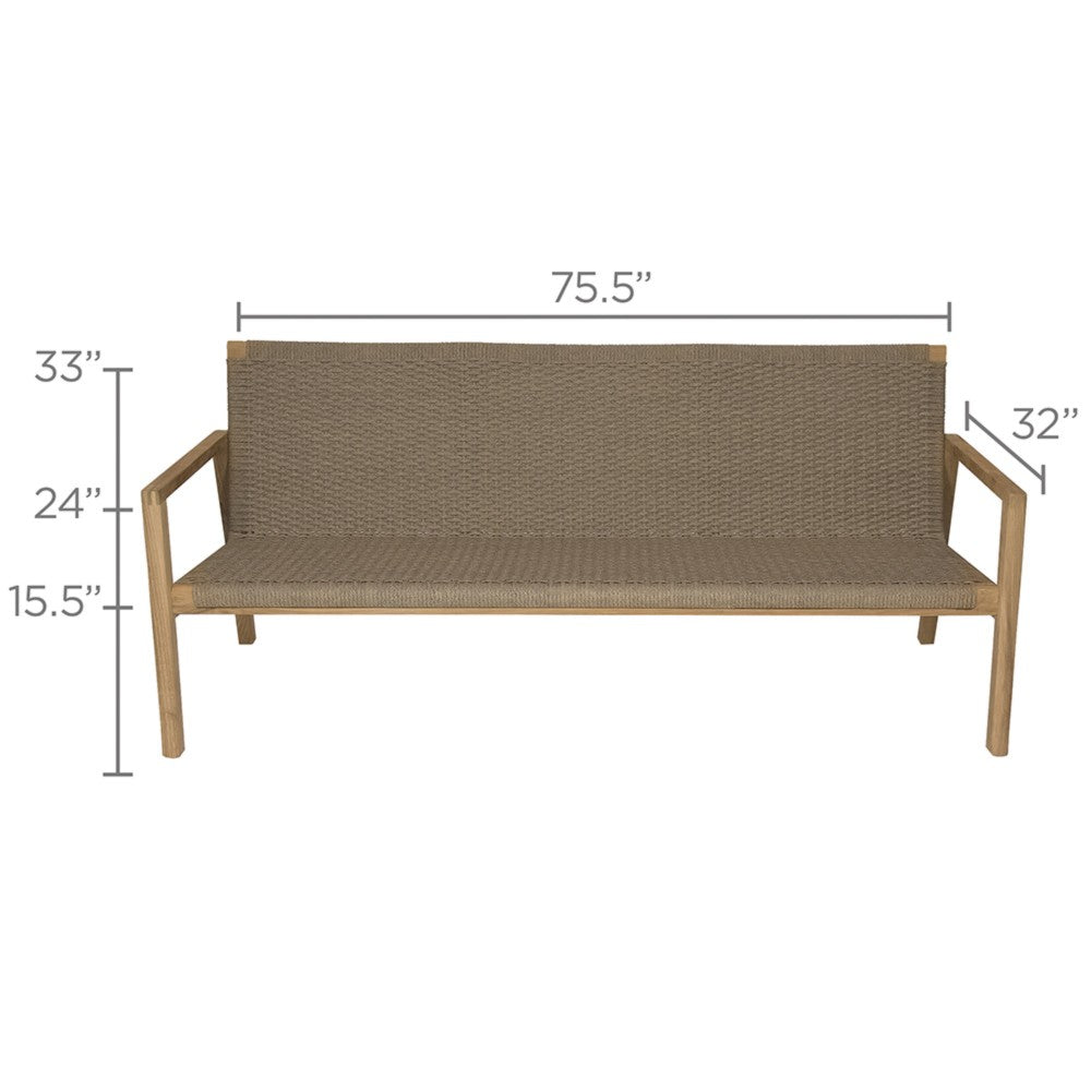 Sand outdoor bench with woven cushion and teak frame, side view with dimensions