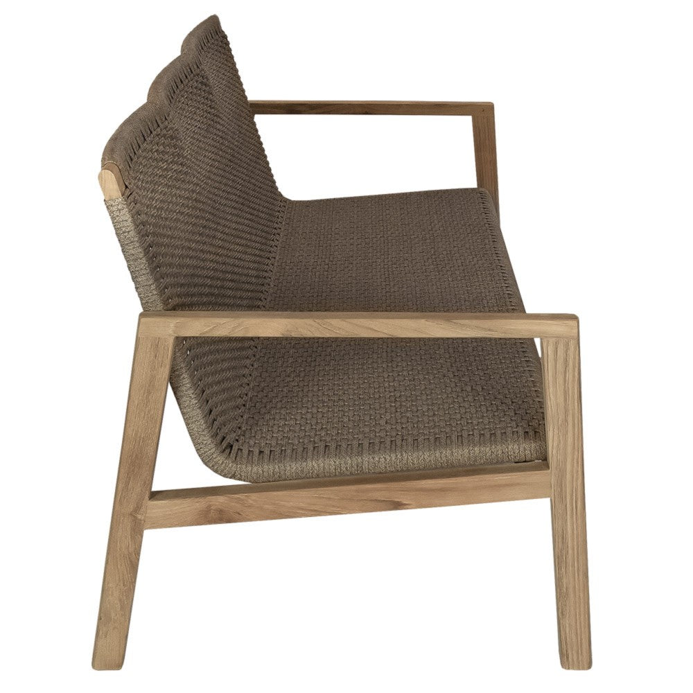 Charcoal outdoor armchair with woven seat and back on light teak frame