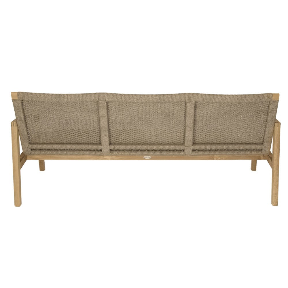 Sand outdoor bench with textured cushions and three back sections on teak frame
