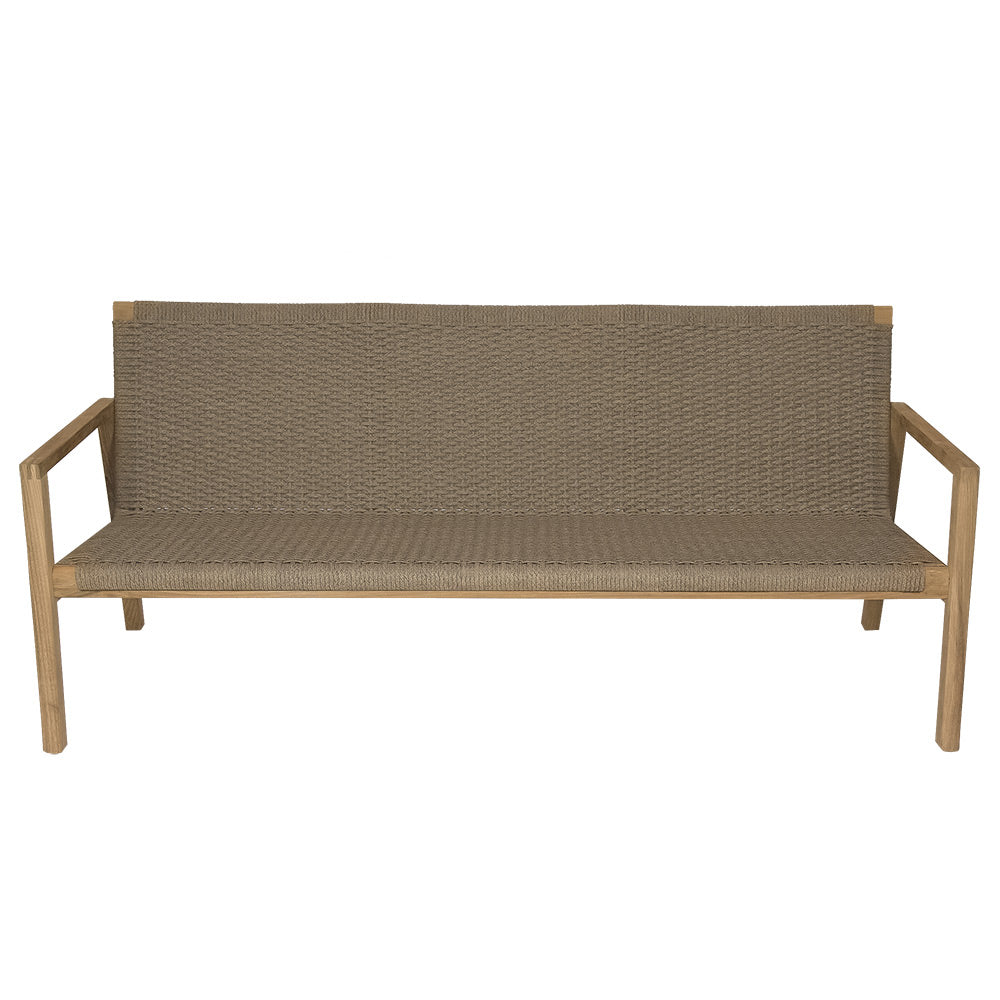 Sand outdoor loveseat bench with textured cushions and curved armrests