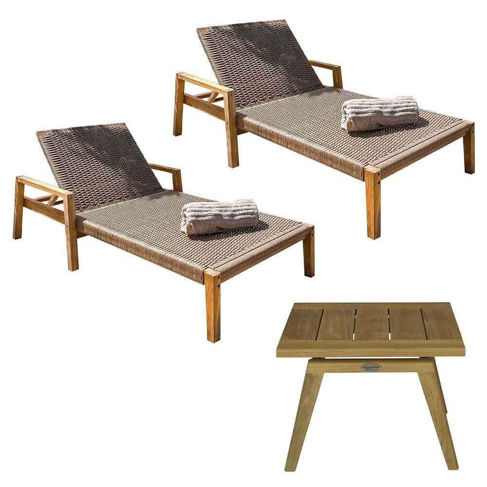 Outdoor lounge set with two loungers and side table, sand cushions, teak-style frames